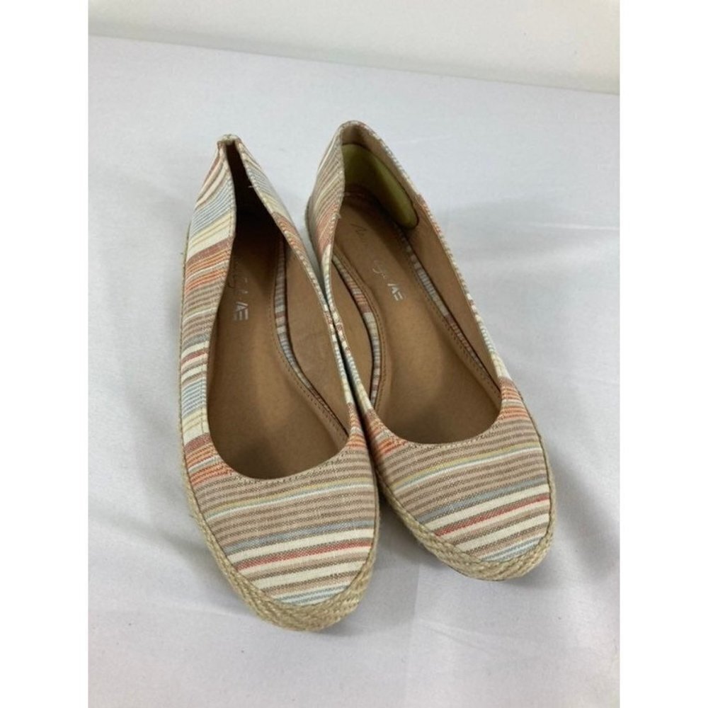 Womens American Eagle Stripe Canvas Espadrille Wedge Tan White Blue W8.5
